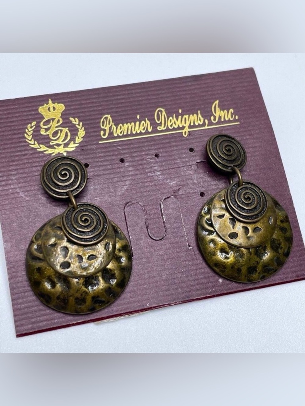Premier Designs Vintage Antique Gold Tone Dangle Hamer Finished Earrings